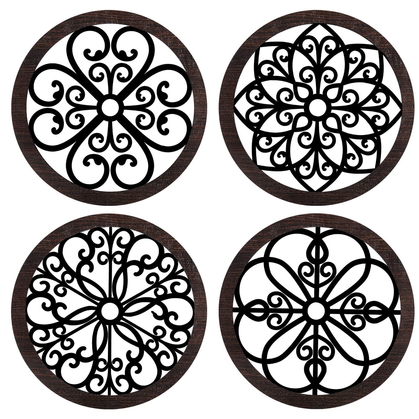 4 Pieces Thicken Rustic Wall Decor Farmhouse Wall Art Decor Wooden Hollow Carved Design Rustic Round Wall Art for Living Room Bedroom Hallway Decor Office Kitchen Wall (Black, Brown,10 x 10 Inch)