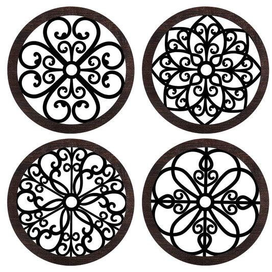 4 Pieces Thicken Rustic Wall Decor Farmhouse Wall Art Decor Wooden Hollow Carved Design Rustic Round Wall Art for Living Room Bedroom Hallway Decor Office Kitchen Wall (Black, Brown,10 x 10 Inch)