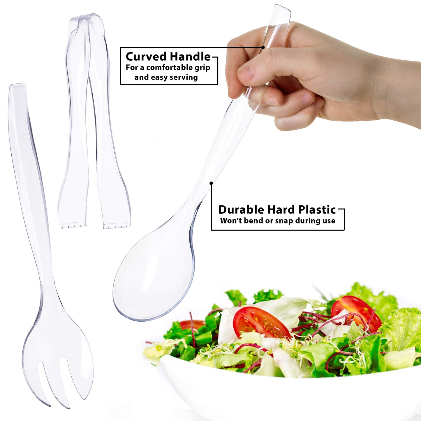 Set of 12 - Heavy Duty Disposable Plastic Serving Utensils, Four 10” Spoons and Forks, Four 6-1/2” Tongs,Clear