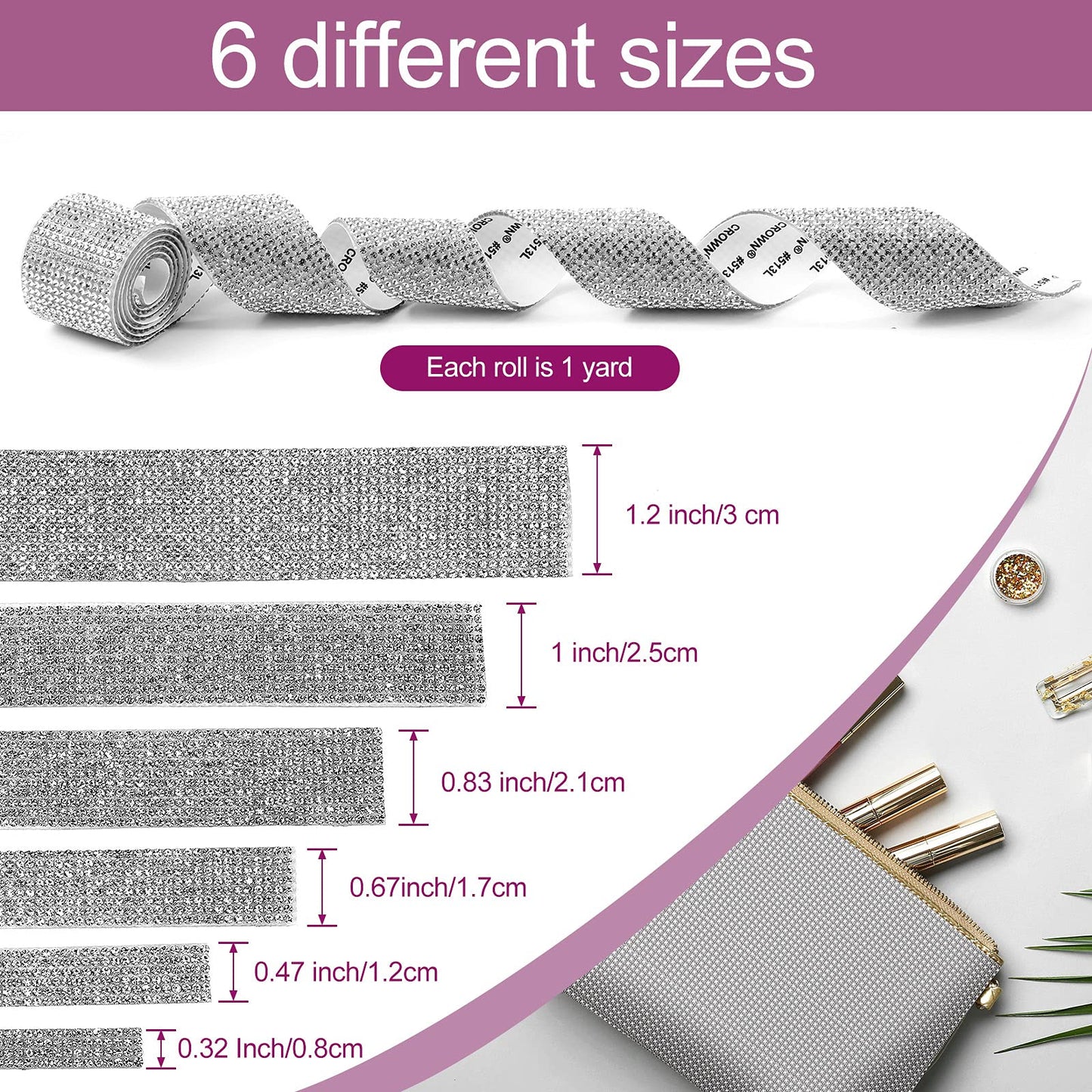6 Rolls Self Adhesive Crystal Rhinestone Ribbon Diamond Bling Ribbons Wrap 6 Yards Mesh Glittering Sticker Roll for Arts Crafts Wedding Birthday DIY Event Car Phone Decoration (Silver)