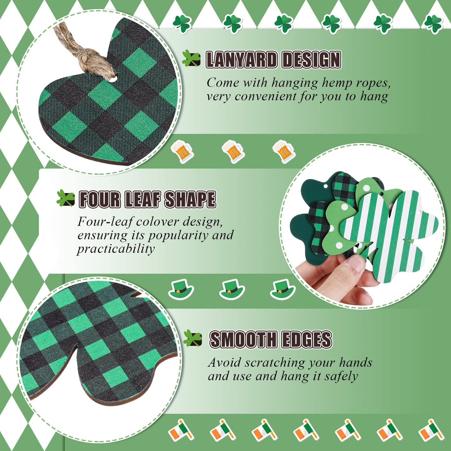 24 Pcs St Patricks Day Decorations Shamrocks Wooden Ornaments Wooden Shamrocks Clover Ornament Shamrock Wooden Cutouts Hanging Ornament with Rope for St Patrick's Day Tree Table Decor (Simple Style)