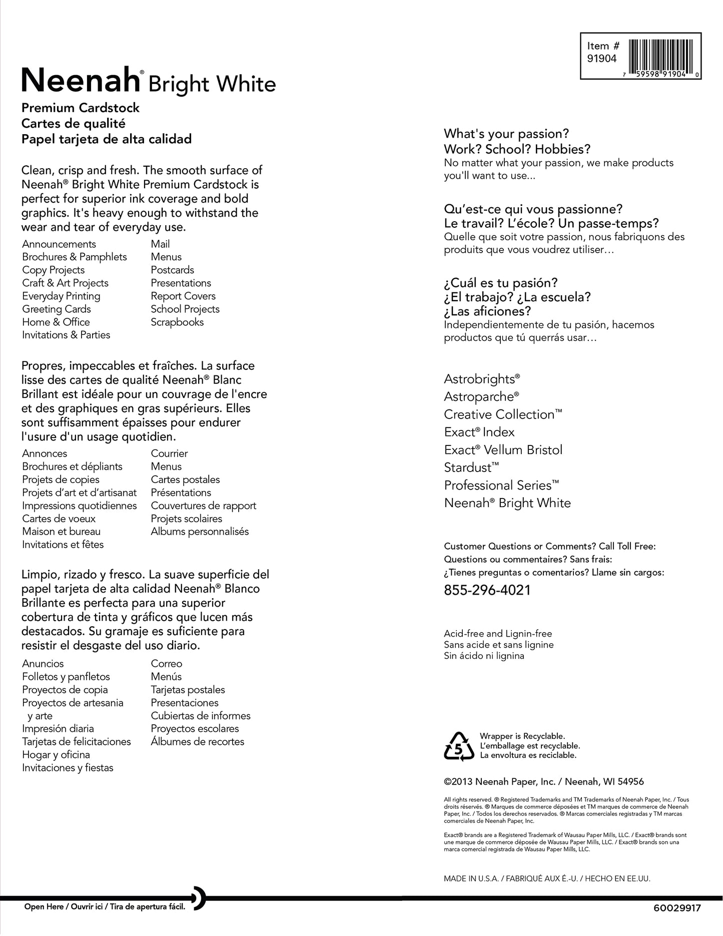 Neenah Premium Cardstock, 8.5" x 11", 65 lb/176 gsm, Bright White, 250 Sheets (91904)