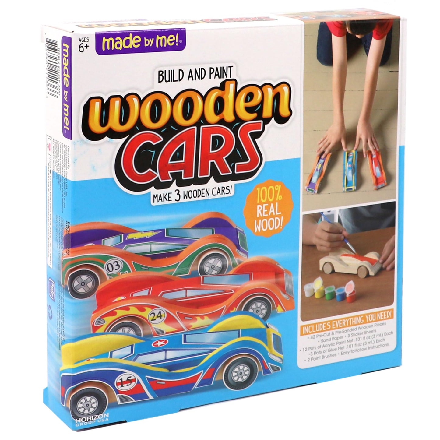 Made By Me Build & Paint Your Own Wooden Cars - DIY Wood Craft Kit, Easy To Assemble and 3 Race – Arts Crafts Kit for Kids Ages 6 And Up, Multicolor, Medium