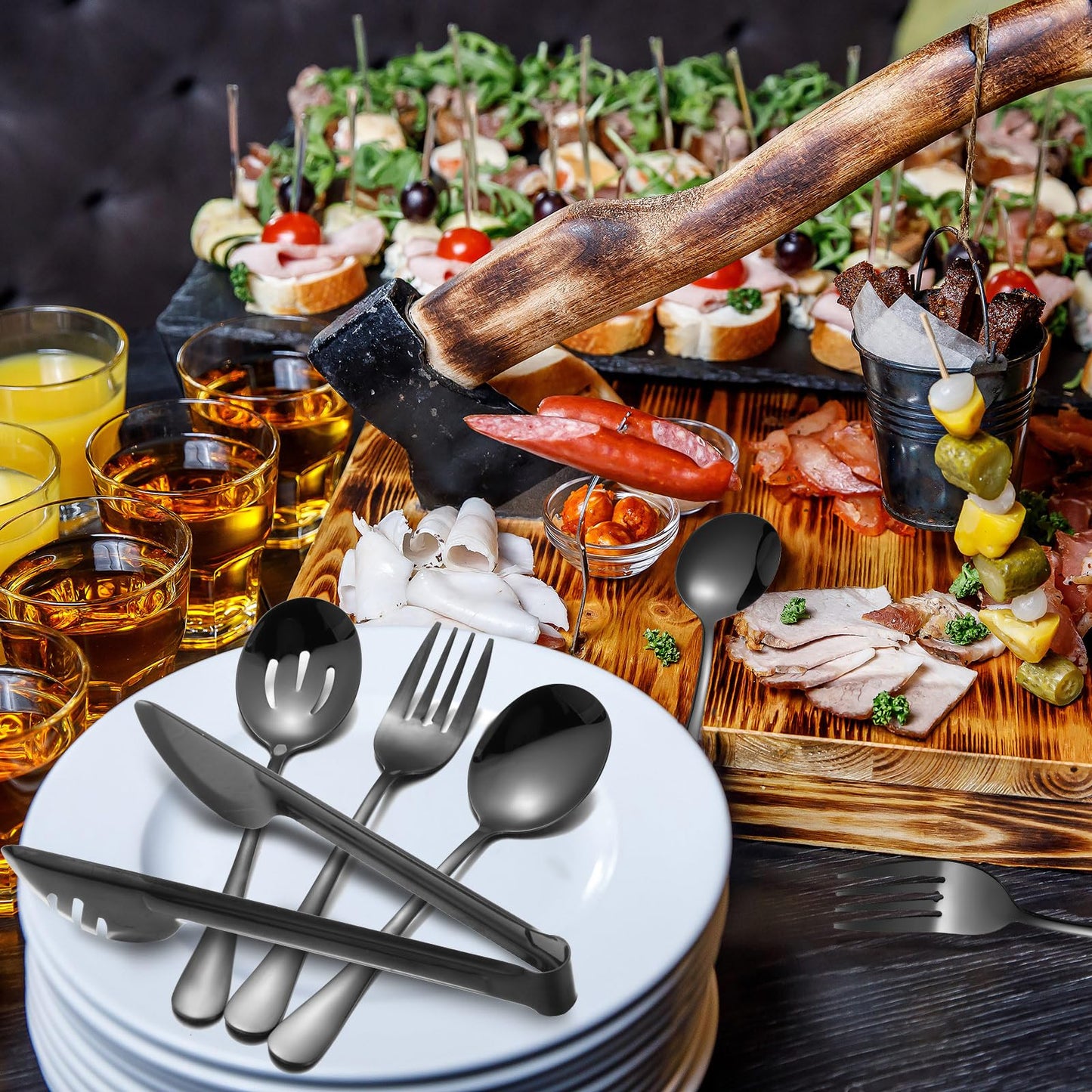 Patelai Stainless Steel Serving Utensils Large Serving Spoon Set 9.45 Inch Metal Tongs 9 Inch Serving Forks 8.7 Inch Slotted Spoons and Serving Spoon Kitchen Wedding Party (Black,15 Pieces)