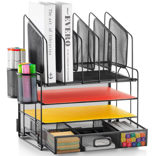 Marbrasse Desk Organizer with Drawer, 4-Tier Mesh Desk File Organizer with 5 Vertical File Holders and 2 Pen Holders, Multifunction Desktop Organizer