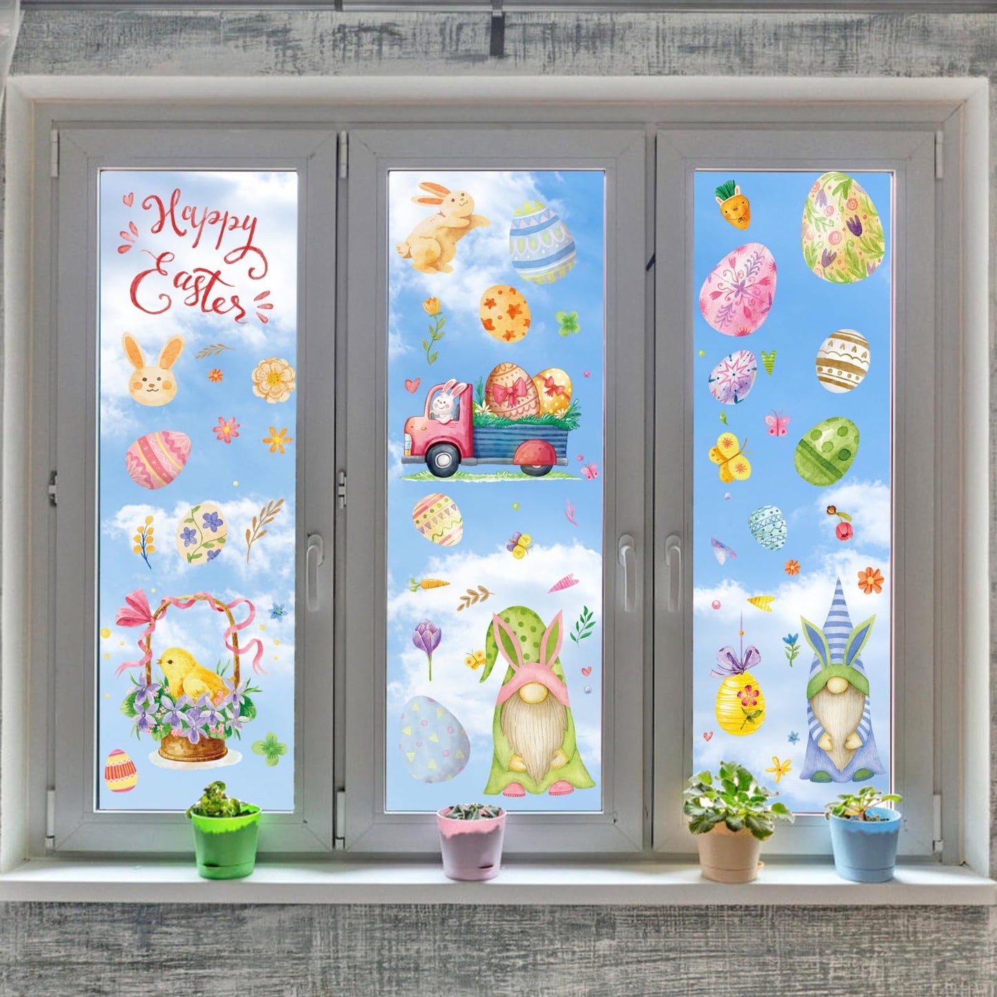 Easter Decorations Window Clings Decals Decor, 9 Sheets Large Easter Eggs Flowers Bunny Party Supplies Gifts, Double Sided Spring Window Clings Decorations for Kids School Home Office
