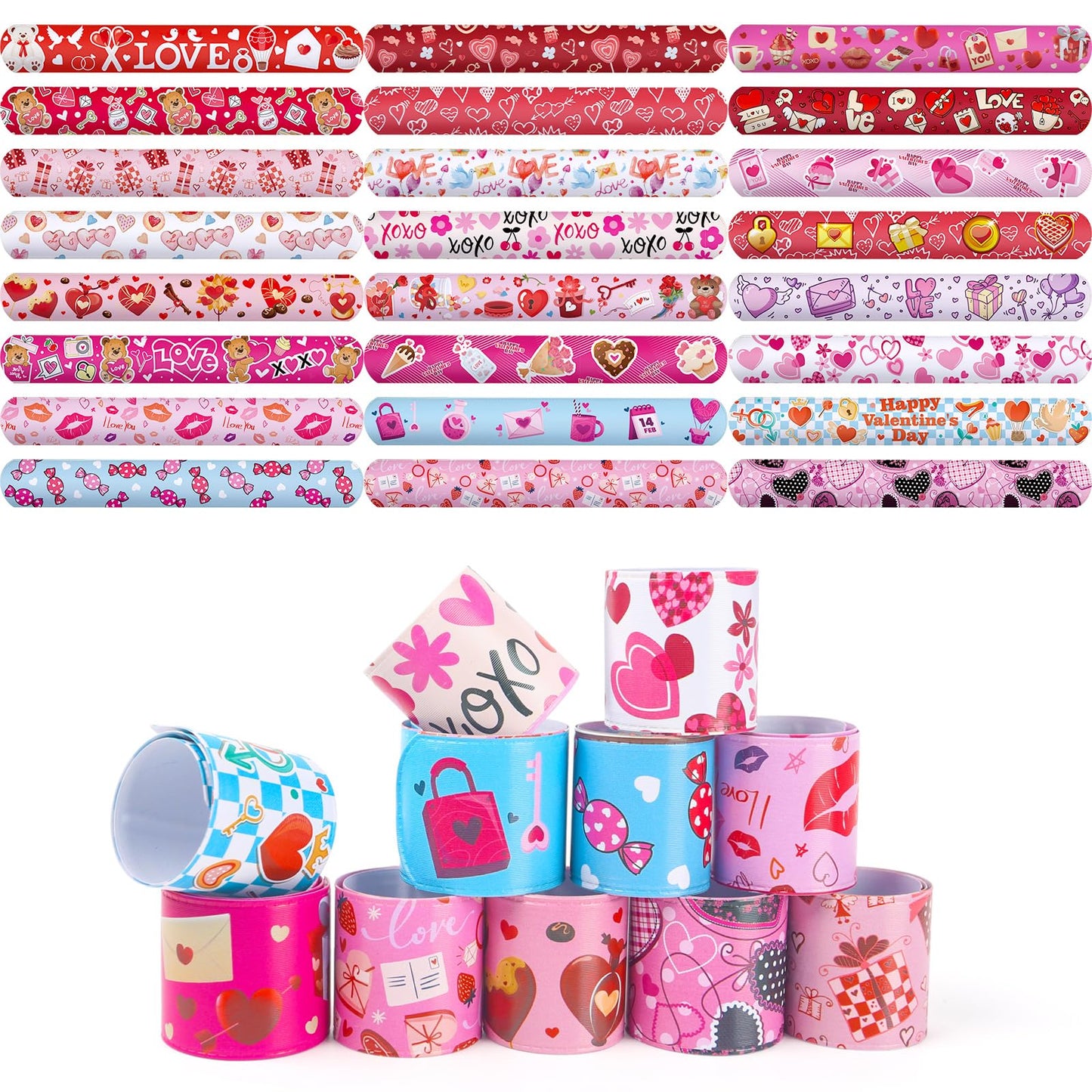 LovesTown 48PCS Valentines Day Slap Bracelets, Red Slap Wristbands Assorted Valentine Snap Bracelets for Kids Gift Exchange Valentine Party Favors