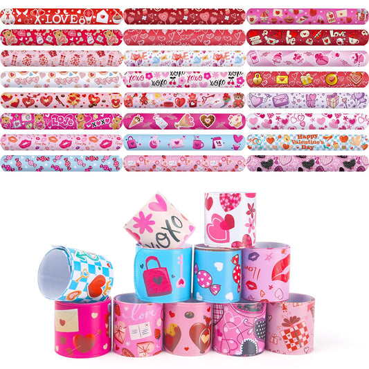 LovesTown 48PCS Valentines Day Slap Bracelets, Red Slap Wristbands Assorted Valentine Snap Bracelets for Kids Gift Exchange Valentine Party Favors