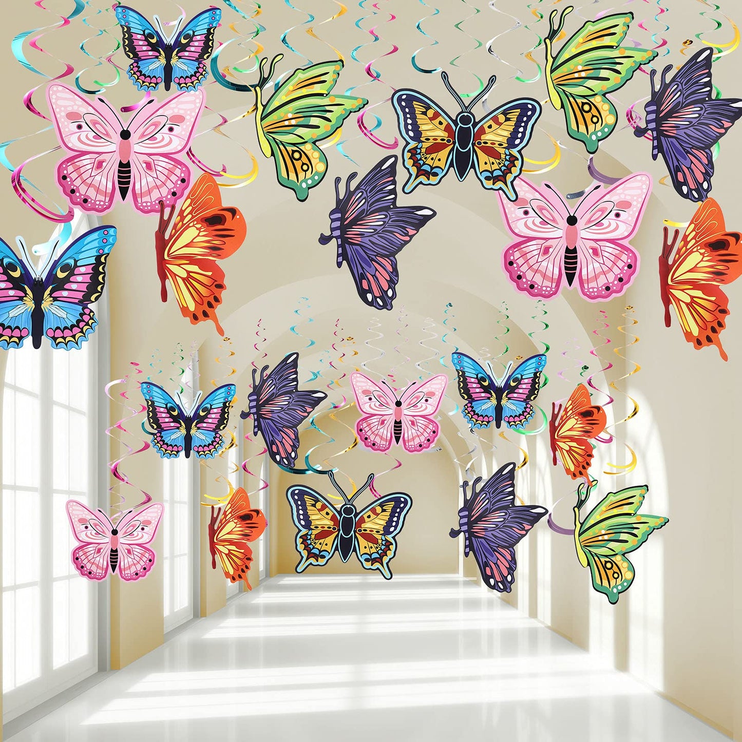 36 Pieces Butterfly Hanging Swirl Decoration Summer Spring Party Streamer Butterfly Ceiling Swirl for Home Baby Shower Birthday Wedding Garden Tea Party