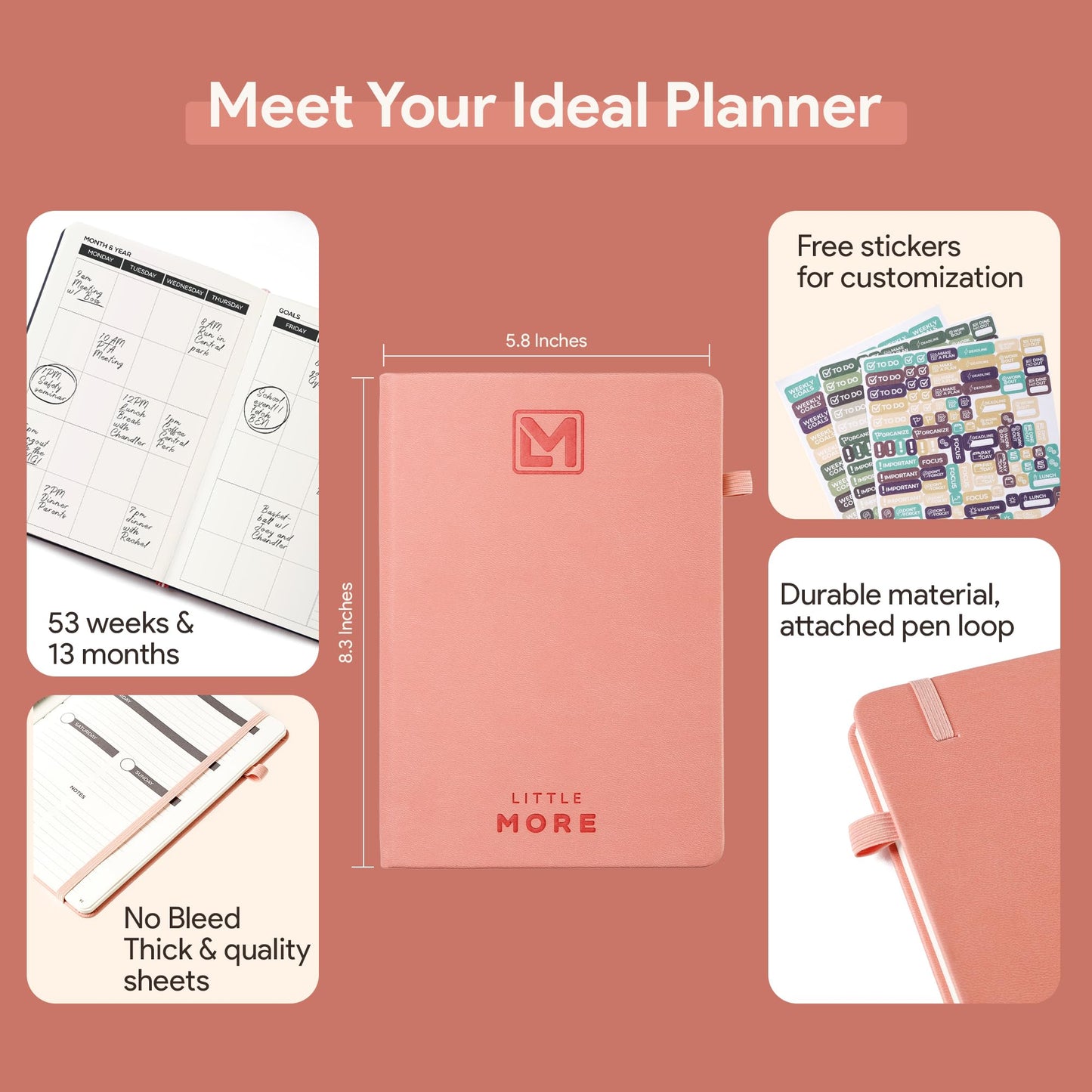 Little More Undated Planner Weekly and Monthly for Productivity - Goals Planner, Adhd Planner, To Do List Notebook - A5 (5.5”x8.5") Weekly Monthly Planner Undated with Stickers - Rose Gold