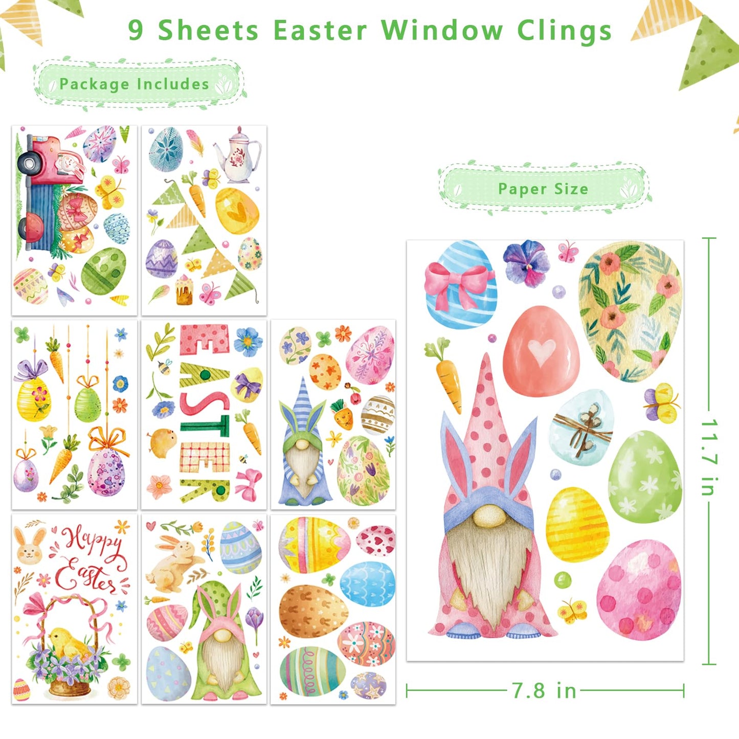 Easter Decorations Window Clings Decals Decor, 9 Sheets Large Easter Eggs Flowers Bunny Party Supplies Gifts, Double Sided Spring Window Clings Decorations for Kids School Home Office