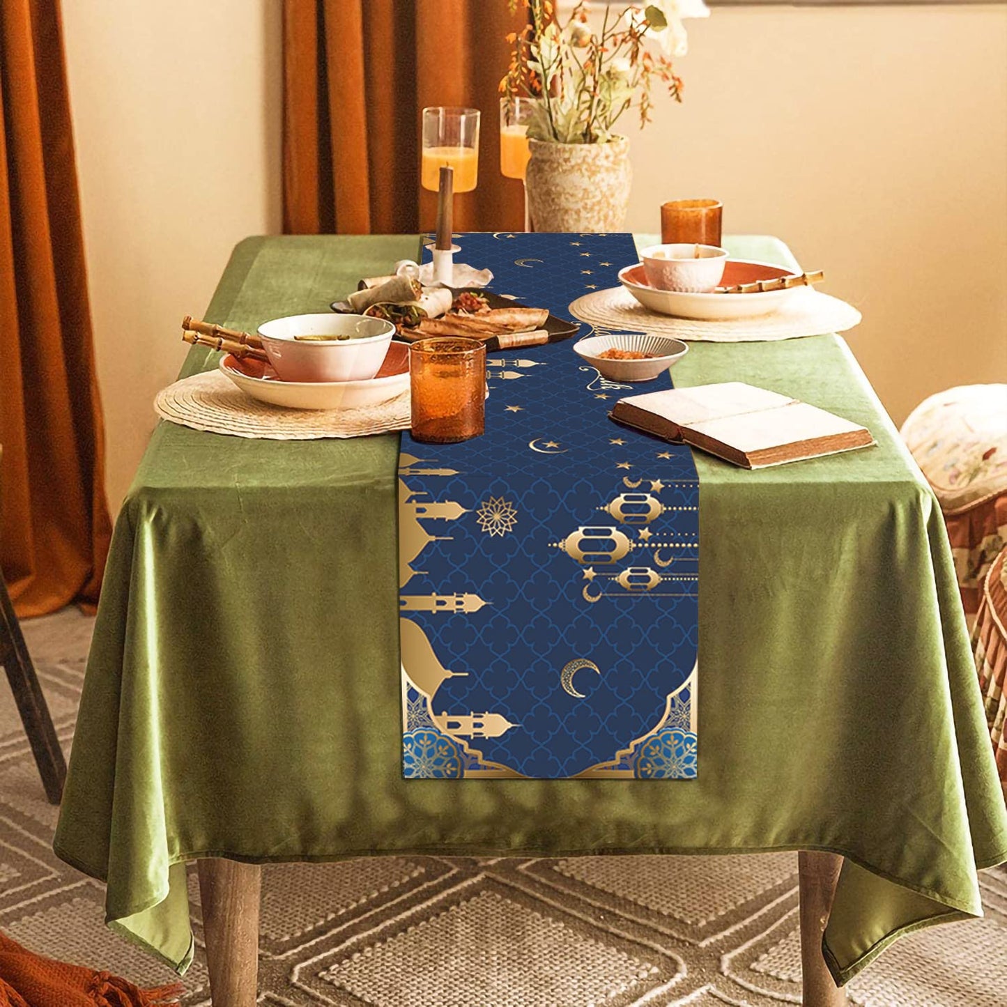 Ramadan Mubarak Table Runner Table Decorations - Ramadan Mosque Lantern Islamic Happy Ramadan Mubarak Party Supplies Decorations, 13.8x71 inches
