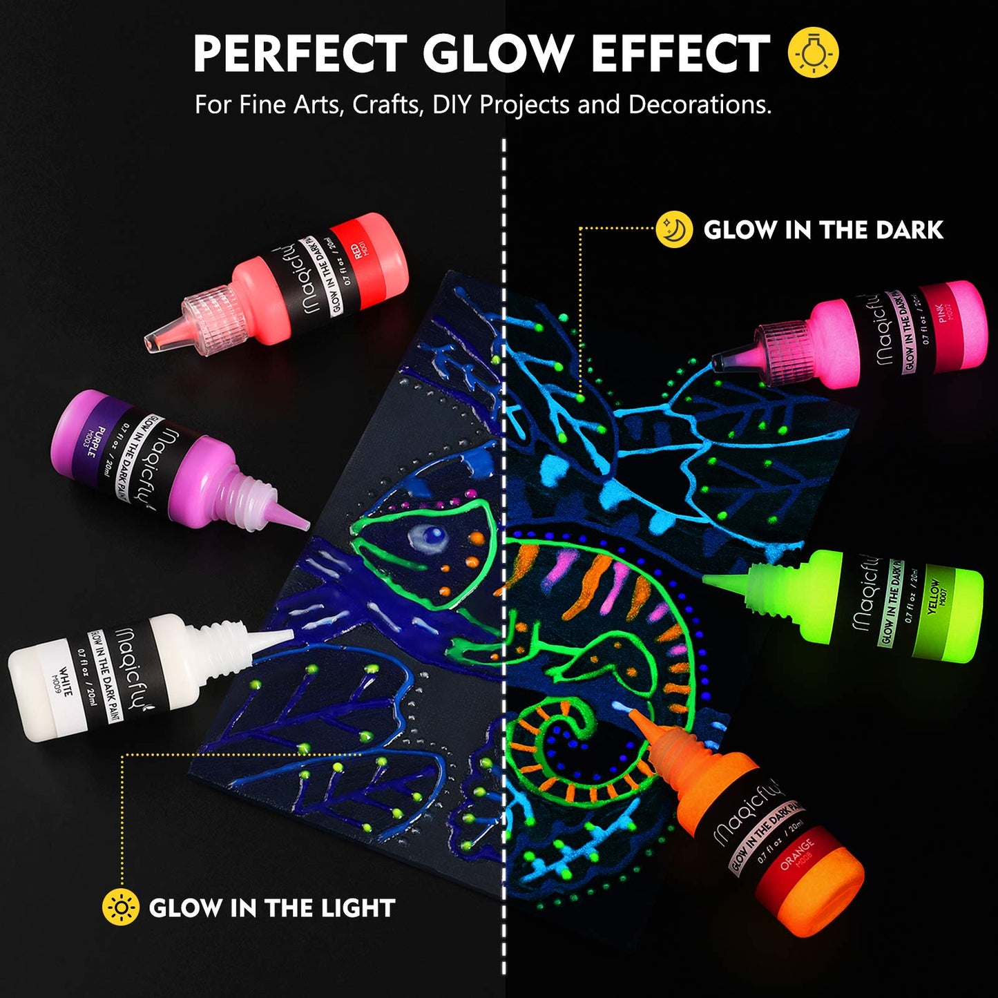 Magicfly Acrylic Glow in The Dark Paint, 10 Bright Colours Liquid Luminous Paint, Neon Paints Glow in Dark for Painting, Halloween Decoration, DIY Crafts, 20 ml Each