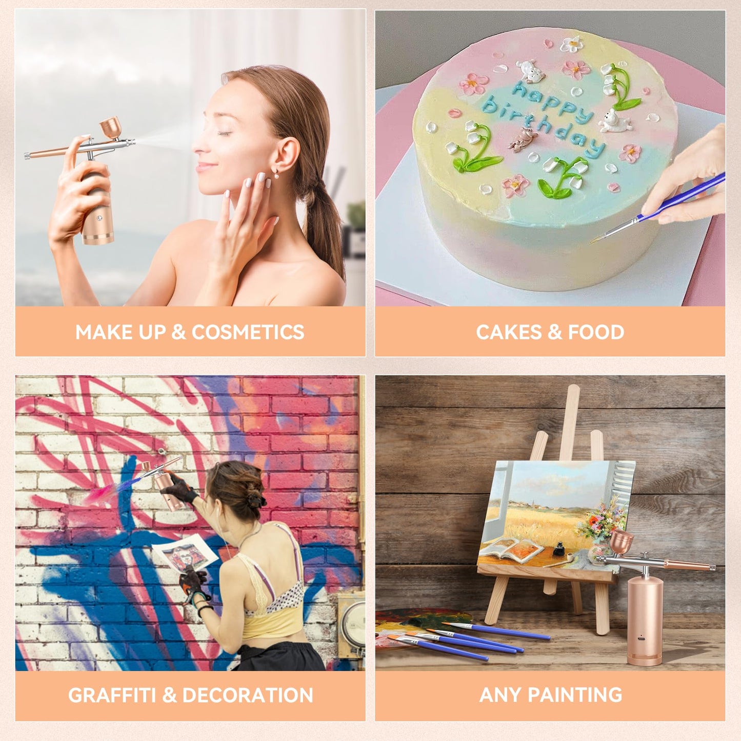 Airbrush Kit With Compressor - 48PSI Rechargeable Cordless Non-Clogging High-Pressure Air Brush Set with 0.3mm Nozzle and Cleaning Brush Set for Nail Art, Makeup, Painting, Cake Decor