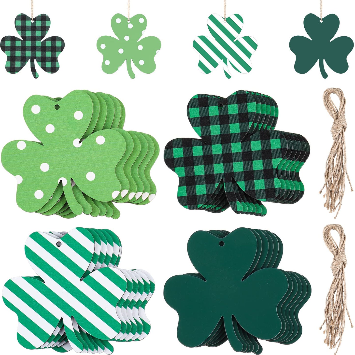 24 Pcs St Patricks Day Decorations Shamrocks Wooden Ornaments Wooden Shamrocks Clover Ornament Shamrock Wooden Cutouts Hanging Ornament with Rope for St Patrick's Day Tree Table Decor (Simple Style)