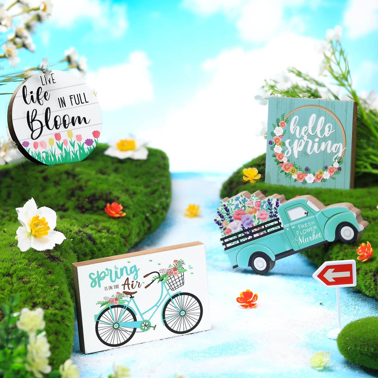 4 Pcs Easter Tiered Tray Decorations Hello Spring Decorations for Home Happy Easter Sign Bunny Farm Fresh Truck Wooden Centerpiece Table Signs for Indoor Home Kitchen Decor(Car Style)