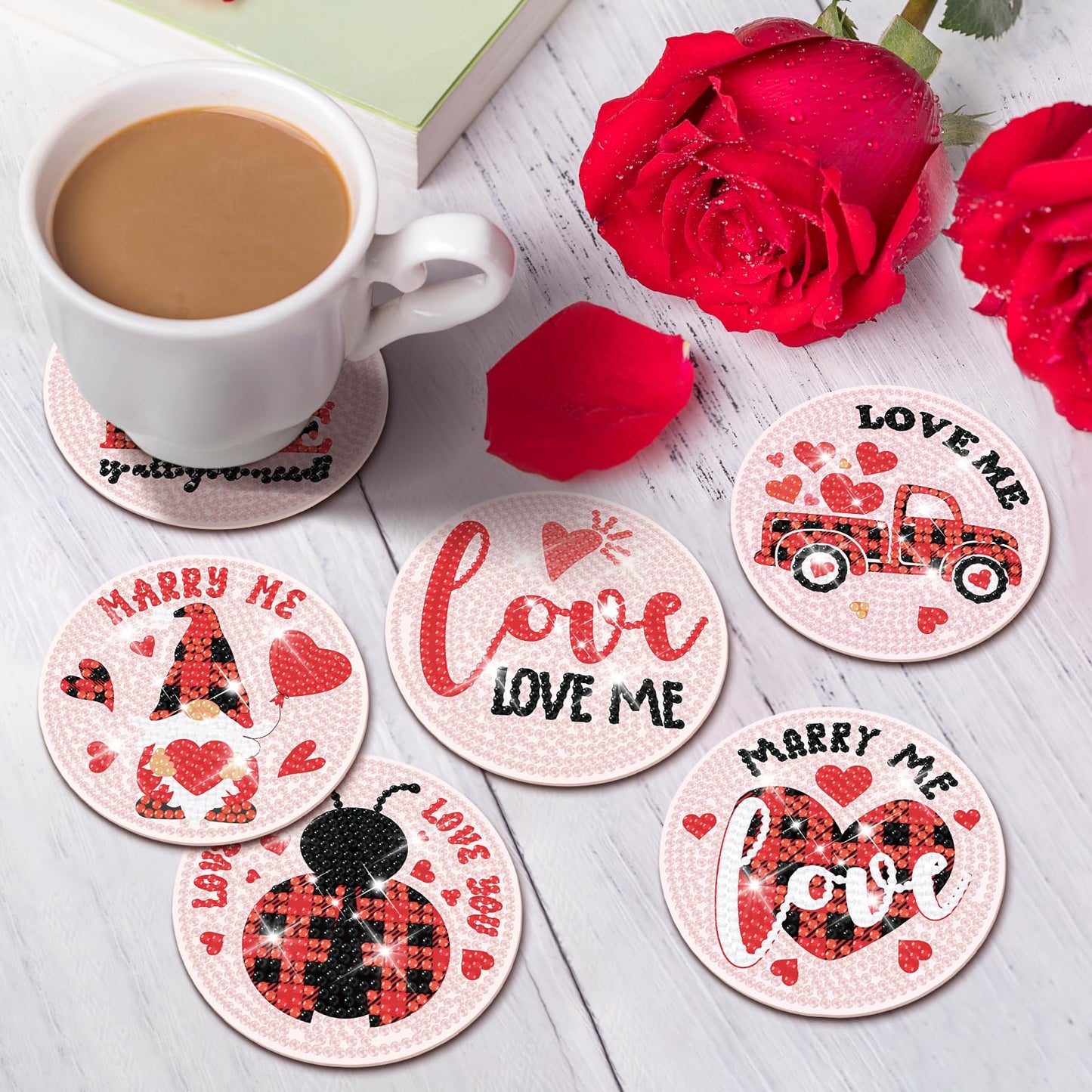 clothmile 8 PCS Valentine’s Day Diamond Art Coasters Love Diamond Painting Coasters Kits with Holder DIY Coasters for Beginners, Adults, Kids, Diamond Art Crafts Supplies (Valentines)