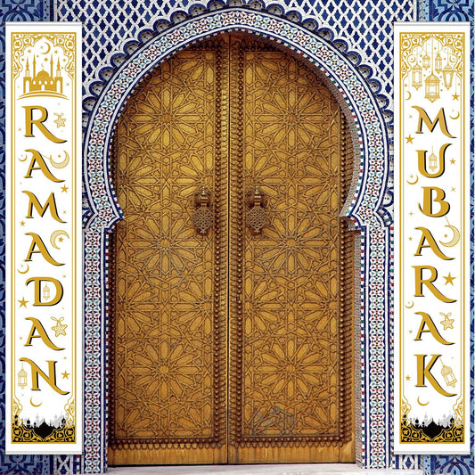 Blulu Eid Mubarak Decoration Set Eid Mubarak Porch Sign Ramadan Banner Hanging Decoration for Indoor/Outdoor Decoration Eid Al-fitr Party (Gold White)