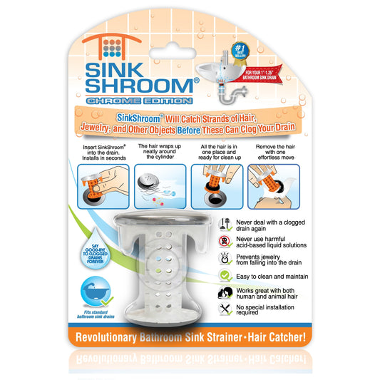 SinkShroom Revolutionary Bathroom Sink Drain Protector Hair Catcher, Strainer, Snare, Sinkshroom Chrome Edition, 1" -1.4"