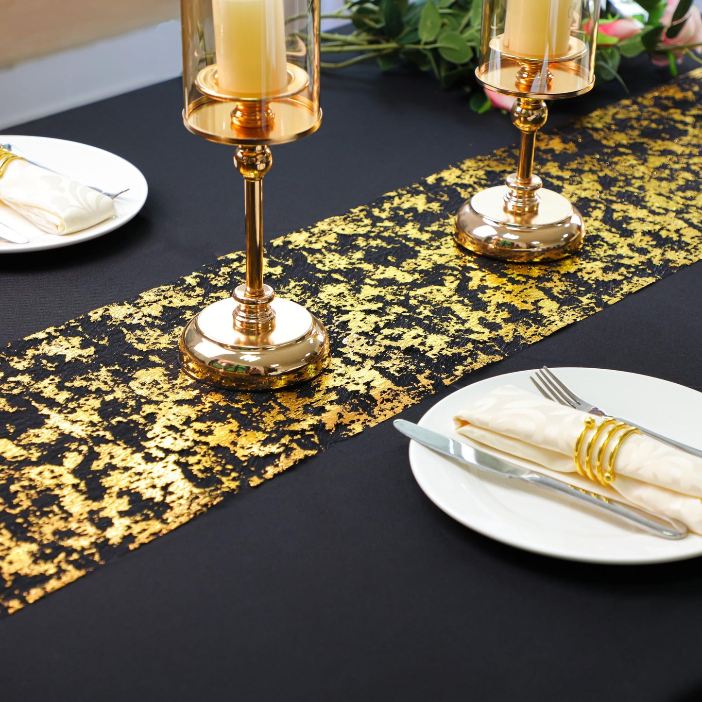 Black and Gold Table Runner 49 Feet 588 inches Sparkly Golden Metallic Foil Runners Decorations Glitter for Wedding Christmas Thanksgiving Anniversary Party Birthday by Snowkingdom