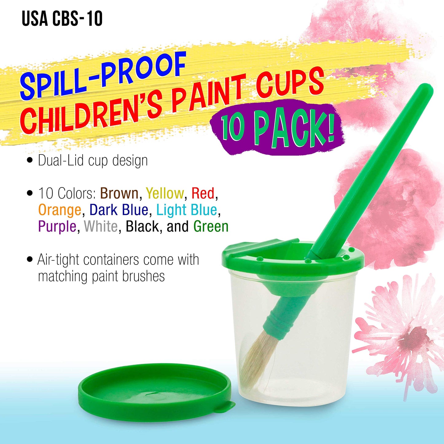 U.S. Art Supply 10 Piece Children's No Spill Paint Cups with Colored Lids and 10 Piece Large Round Brush Set with Plastic Handles