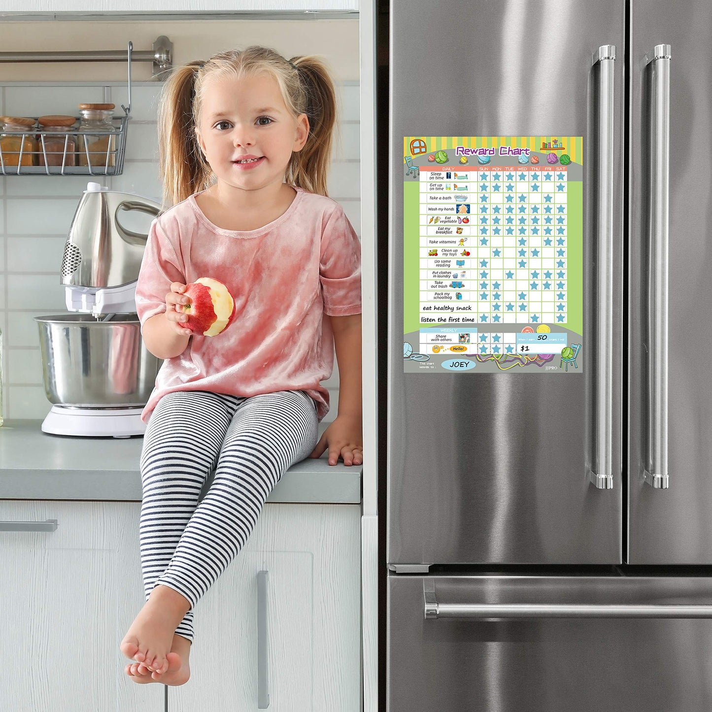 Magnetic Bahavior Chart for Kid at Home, Resuable Chore Chart for Kid, Reward Chart for Kids Behavior. Each Set Includes 30 tasks, 104 Stars, and one 11“ x 14.5" Magnetic Chart- Green