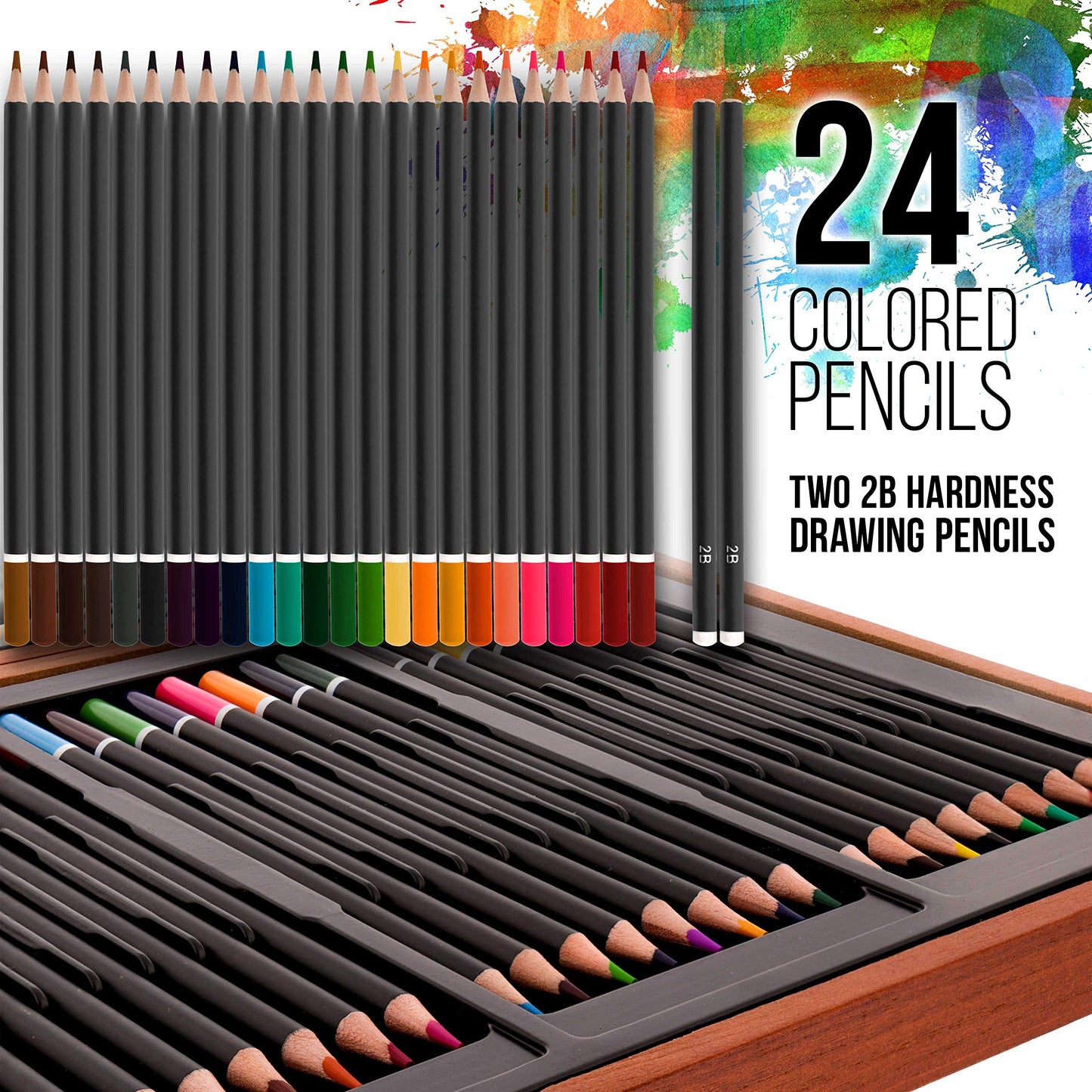 U.S. Art Supply 82-Piece Deluxe Artist Studio Creativity Set Wood Box Case - Art Painting, Sketching Drawing Set, 24 Watercolor Paint Colors, 24 Oil Pastels, 24 Colored Pencils, 2 Brushes, Starter Kit