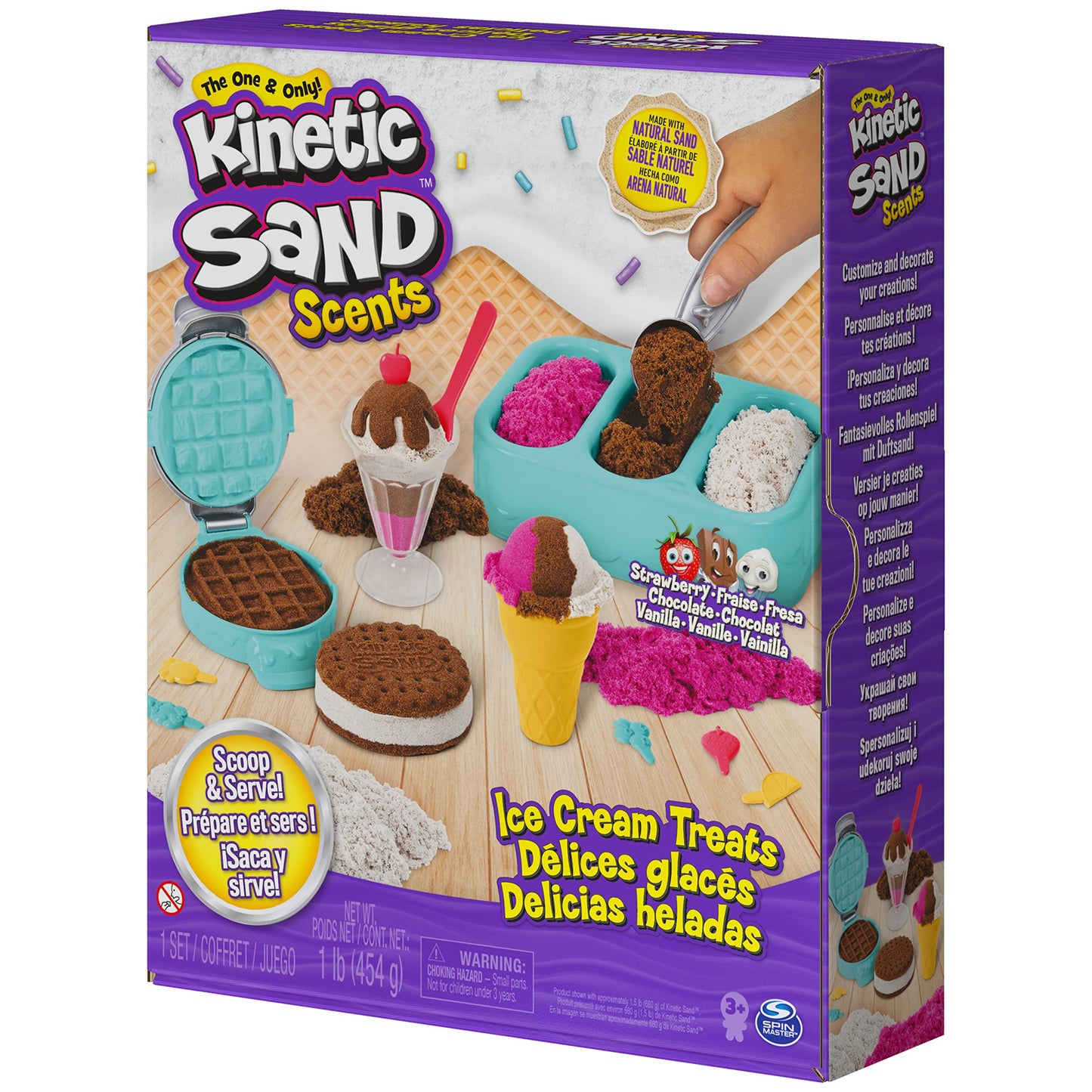 Kinetic Sand Scents, Ice Cream Treats Playset with 3 Colors of All-Natural Scented Play Sand & 6 Serving Tools, Sensory Toys, Christmas Gifts for Kids