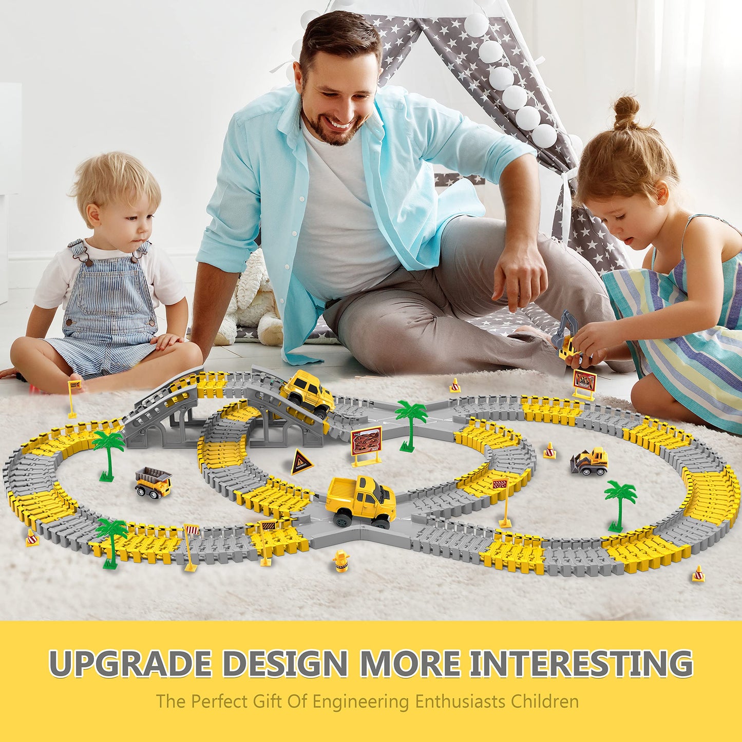 Kids Construction Toys 253 PCS Race Tracks Toy for 3 4 5 6 7 8 Year Old Boys Girls, 5 PCS Truck Car and Flexible Track Play Set Create A Engineering Road Games Toddler Best Gift