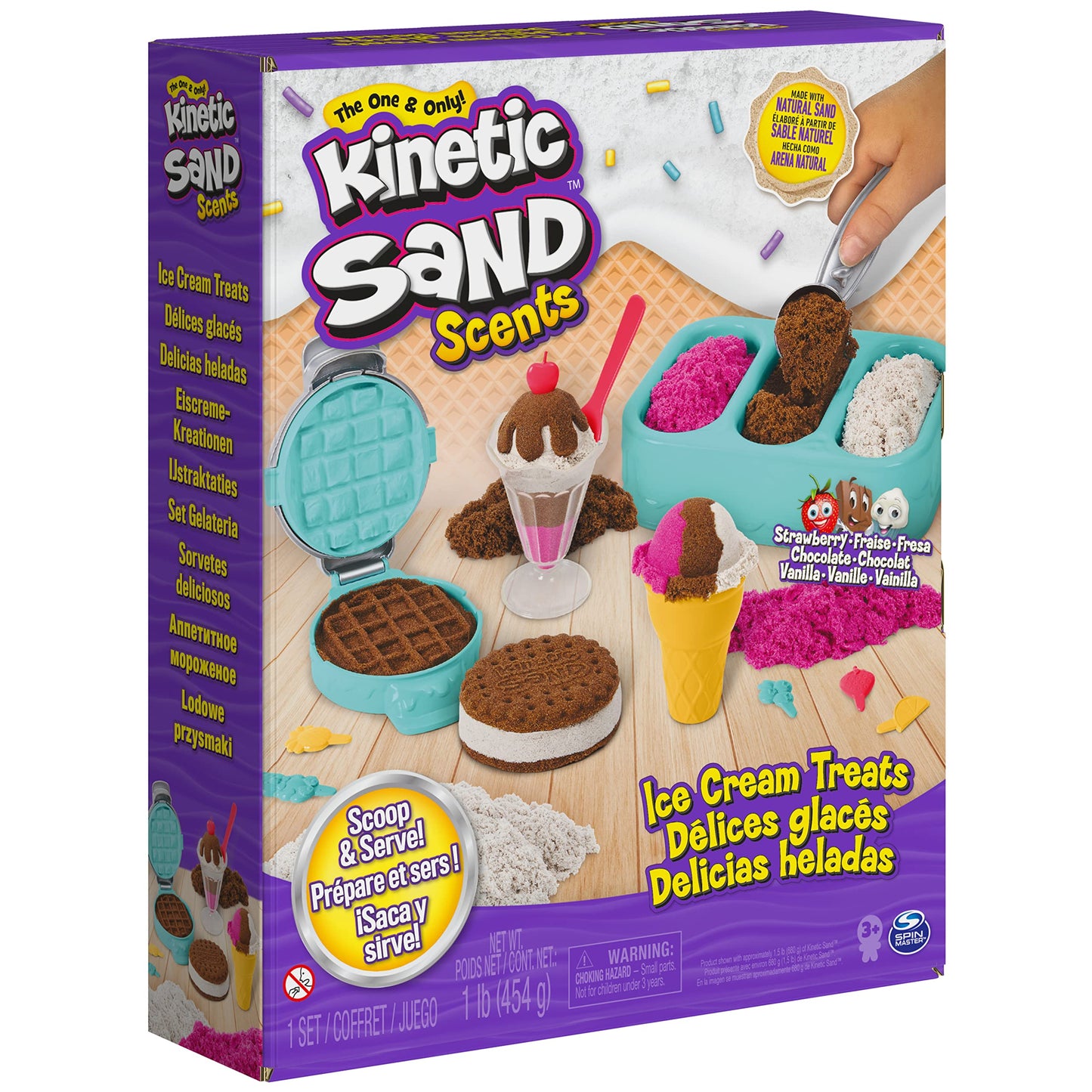Kinetic Sand Scents, Ice Cream Treats Playset with 3 Colors of All-Natural Scented Play Sand & 6 Serving Tools, Sensory Toys, Christmas Gifts for Kids