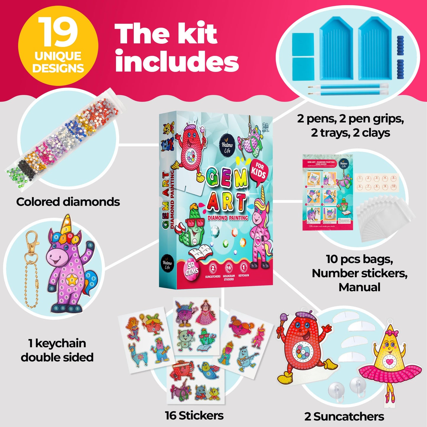 Halmolife Gem Art, Kids Diamond Painting Kits Big 5D Gem Art - Paint by Numbers Diamonds - Arts and Crafts - Girls and Boys Ages 4, 5, 6, 7, 8, 9, 6-12, 6-8 Girls Crafts Gift Ideas