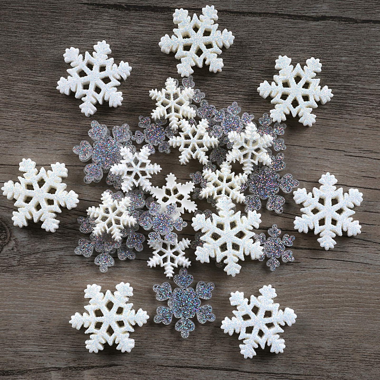 KESOTE 32pcs Christmas Snowflake Resin Glitter Charms Flatback Resin Embellishment Ornaments for Scrapbooking, DIY Crafts, Hair Clip, Xmas Decor