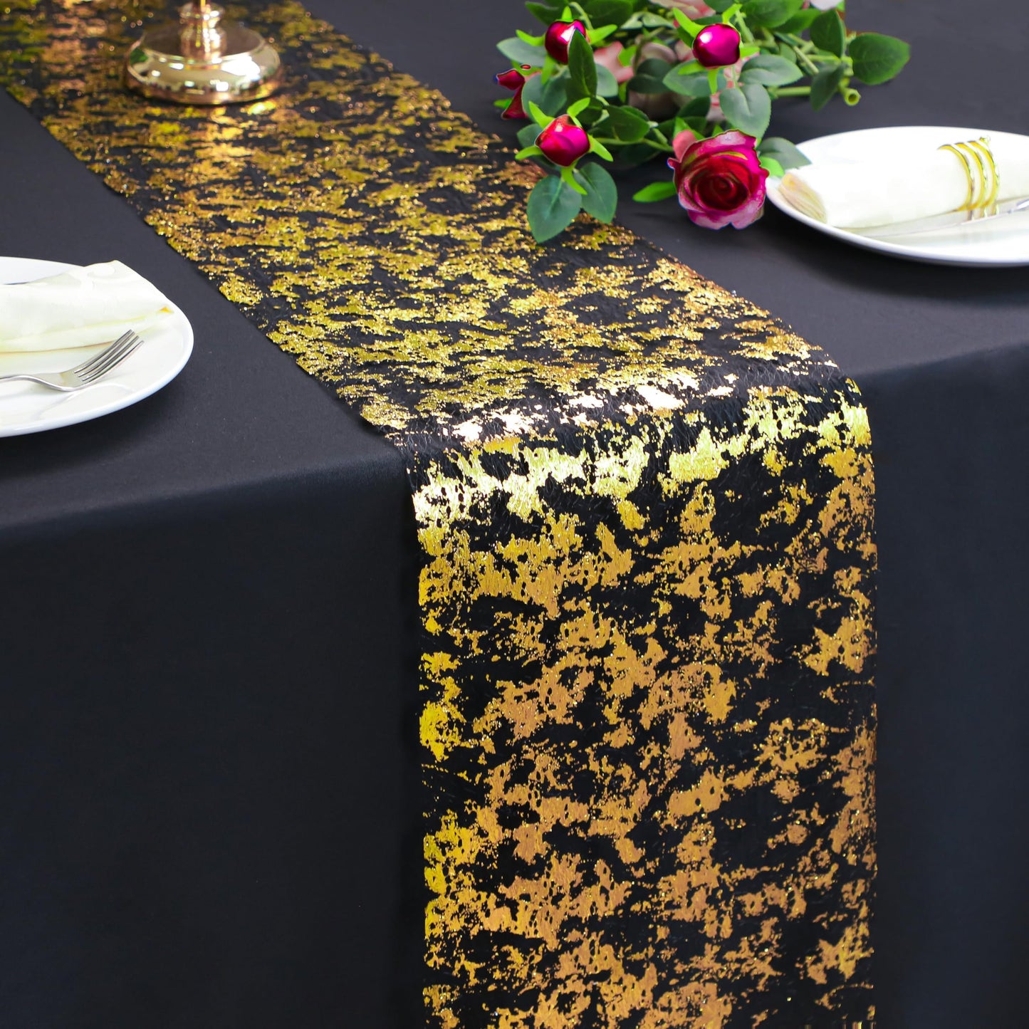 Black and Gold Table Runner 49 Feet 588 inches Sparkly Golden Metallic Foil Runners Decorations Glitter for Wedding Christmas Thanksgiving Anniversary Party Birthday by Snowkingdom