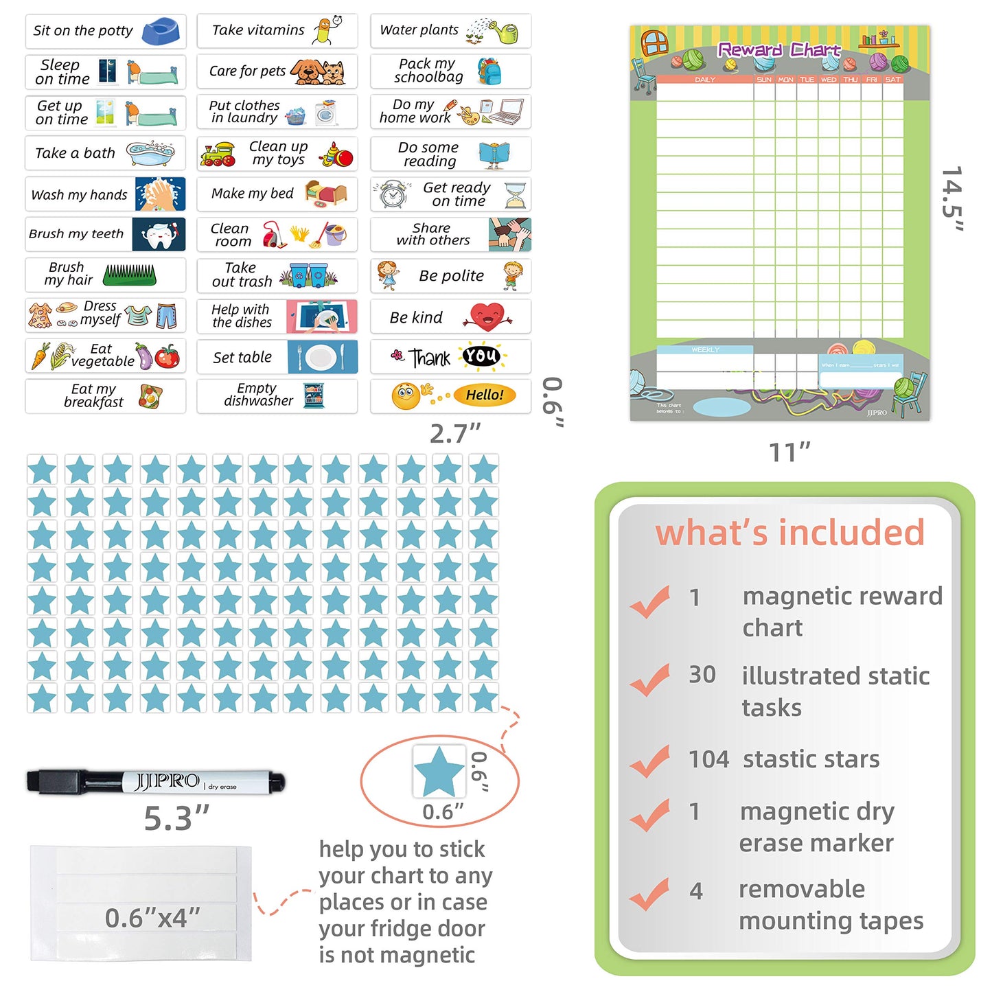 Magnetic Bahavior Chart for Kid at Home, Resuable Chore Chart for Kid, Reward Chart for Kids Behavior. Each Set Includes 30 tasks, 104 Stars, and one 11“ x 14.5" Magnetic Chart- Green