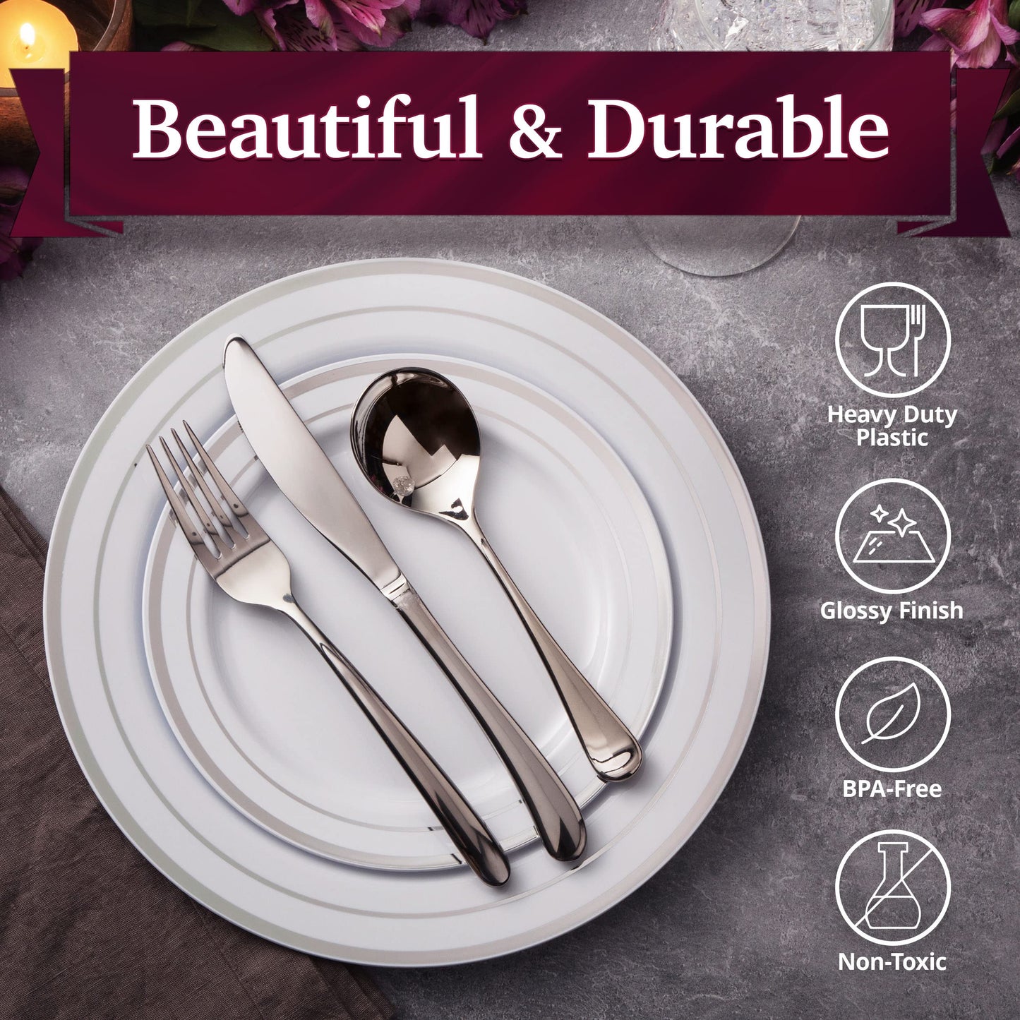 Aya's 60 Silver Plastic Plates Disposable Heavy Duty Premium Plastic Plates, 30 Plastic Dinner Plates + 30 Dessert Appetizer Plates for Weddings, Fancy Disposable Plates for Party White Plastic Plates