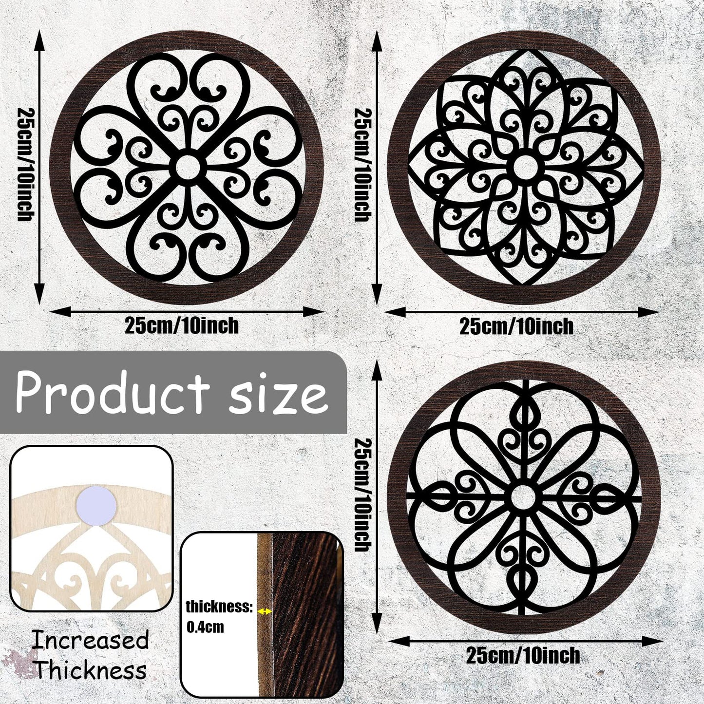 4 Pieces Thicken Rustic Wall Decor Farmhouse Wall Art Decor Wooden Hollow Carved Design Rustic Round Wall Art for Living Room Bedroom Hallway Decor Office Kitchen Wall (Black, Brown,10 x 10 Inch)