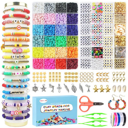 Redtwo 7200 Pcs Clay Beads Bracelet Making Kit, Preppy Friendship Flat Polymer Heishi Beads Jewelry Kits with Charms and Elastic Strings,Crafts Gifts Set for Girls Ages 8-12(2 Boxes)