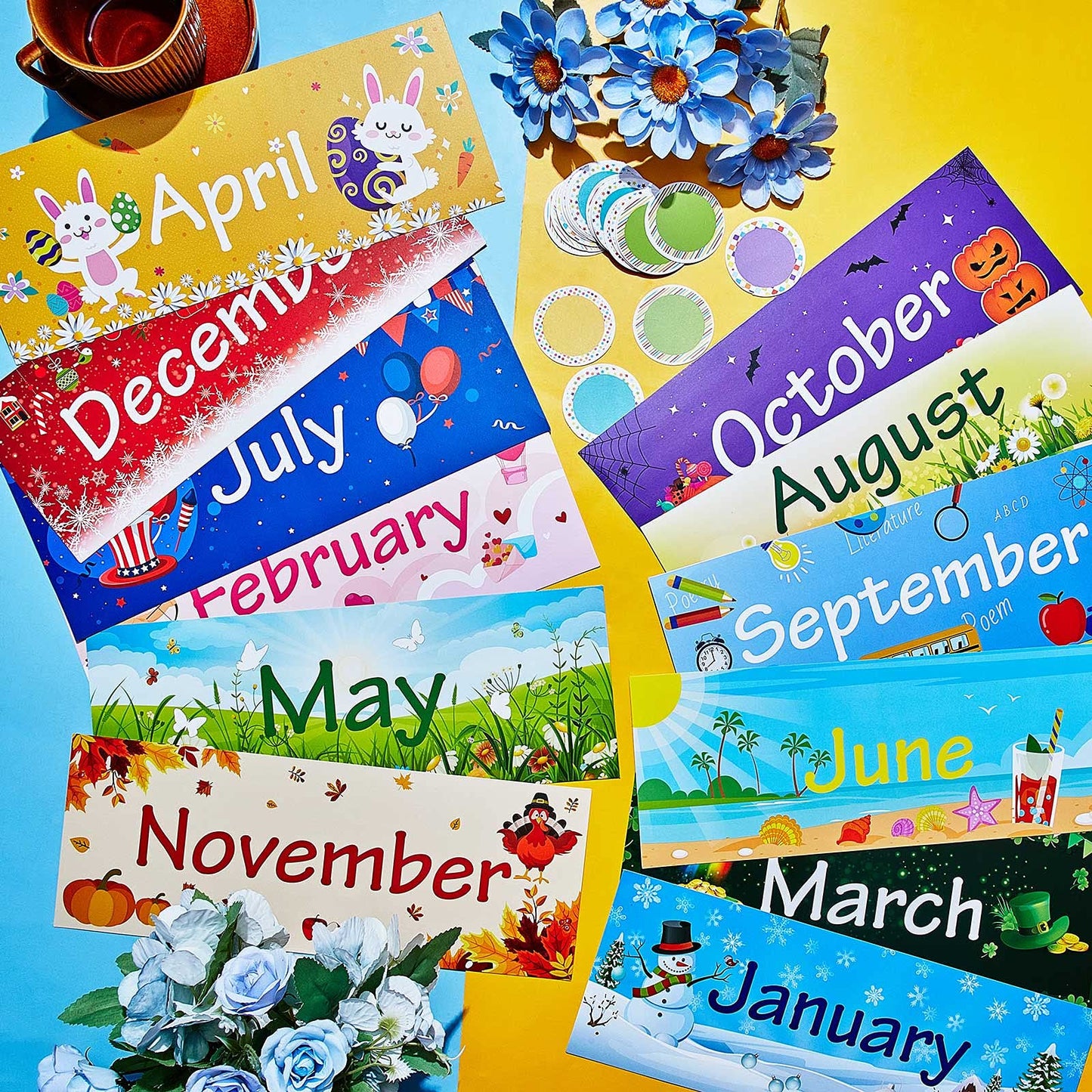 48 Pieces Holiday Monthly Headliners Set 12 Months of The Year Headers Monthly Bulletin Board Borders Seasonal Monthly Headers with 36 Round Blank Confetti Cutouts for School Bulletin (Cute Style)