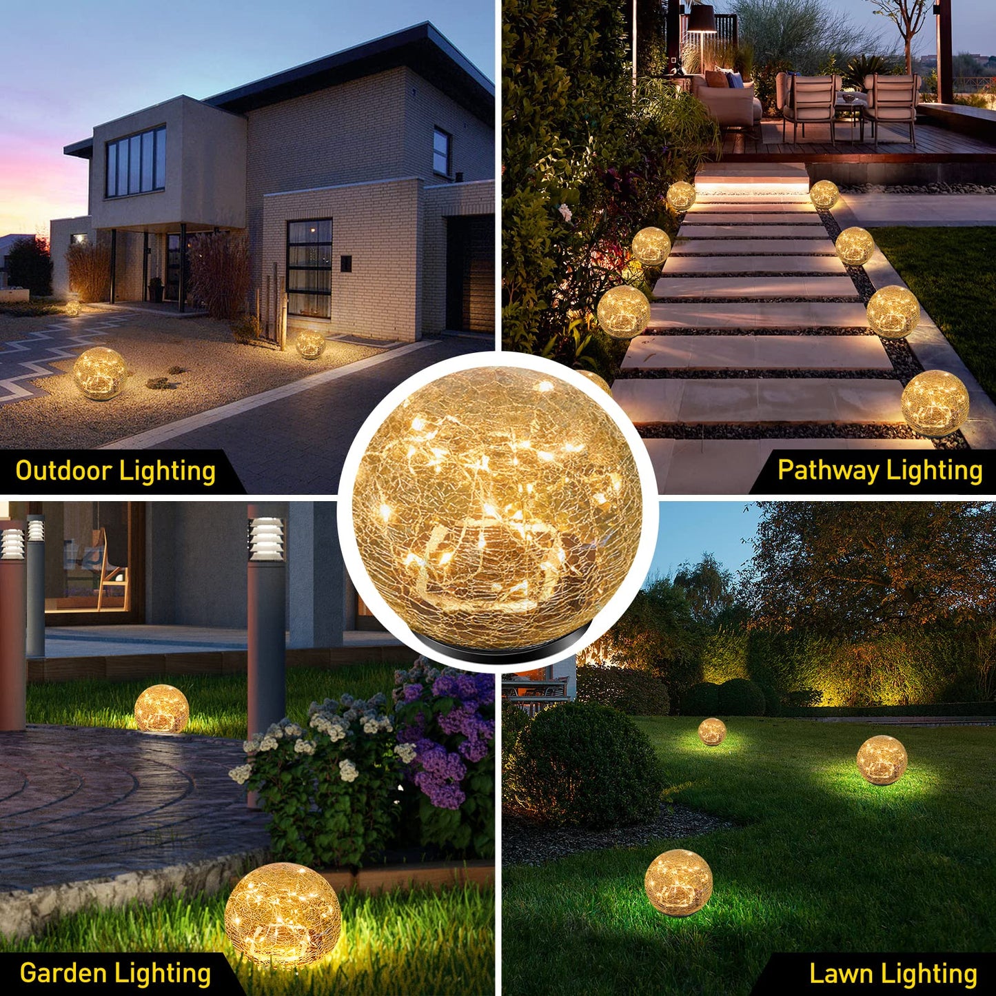 Garden Solar Lights Cracked Glass Ball Waterproof LED for Outdoor Decor Decorations Pathway Patio Yard Lawn, Warm White 2 Globe (4.7”)
