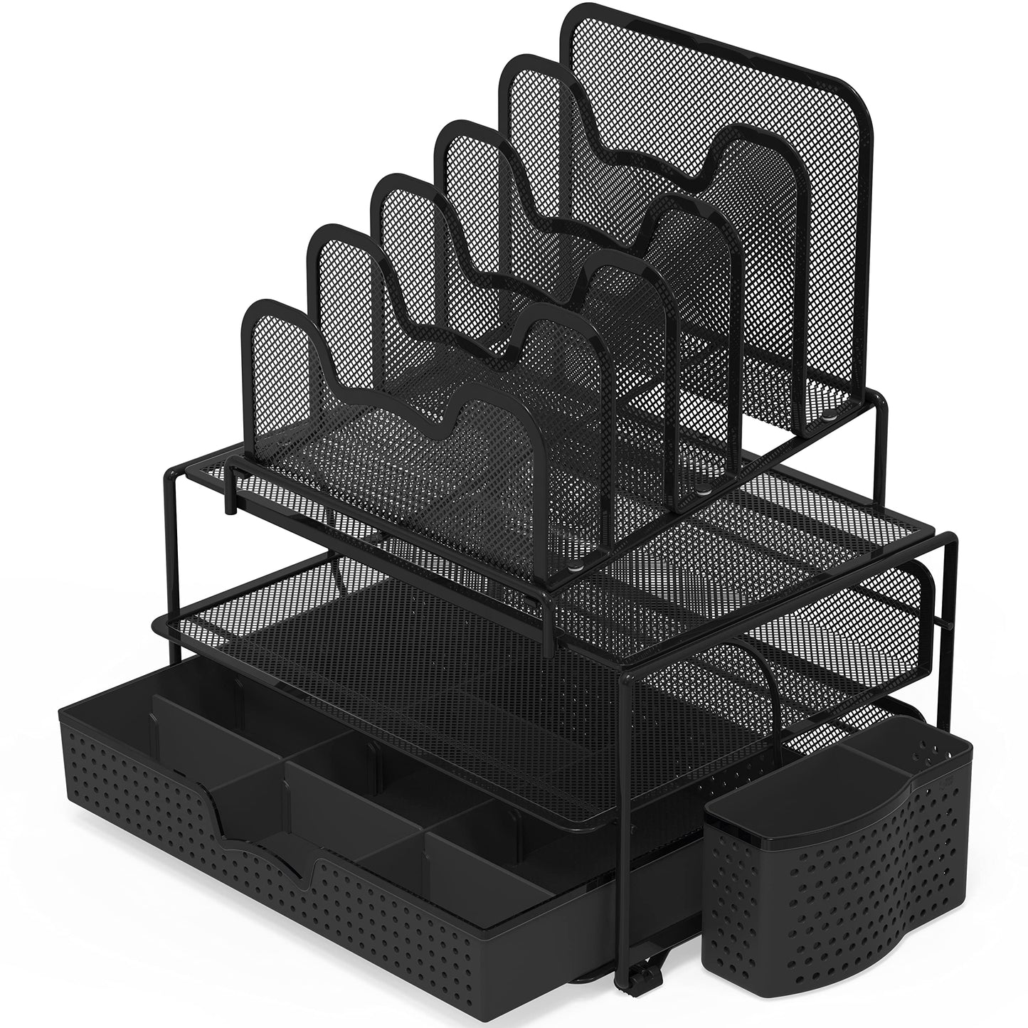 SimpleHouseware Mesh Desk Organizer with Sliding Drawer, Double Tray and 5 Stacking Sorter Sections, Black