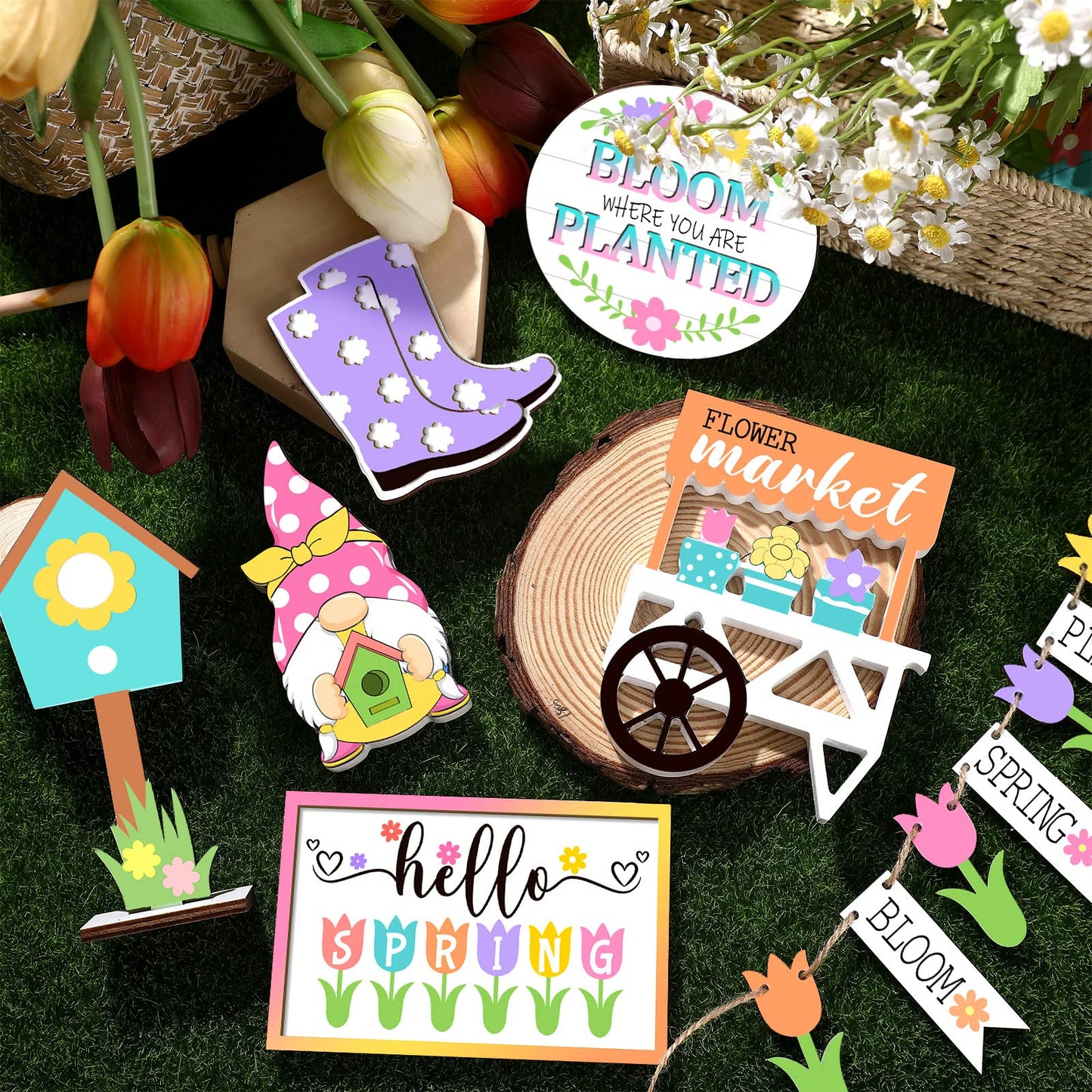 Jetec 12 Pcs Spring Tiered Tray Decor Wooden Gnomes Flowers Plants Tabletop Trays Signs Spring Summer Fall Tiered Tray Items for Home Farmhouse Rustic Kitchen Decorations (Spring)