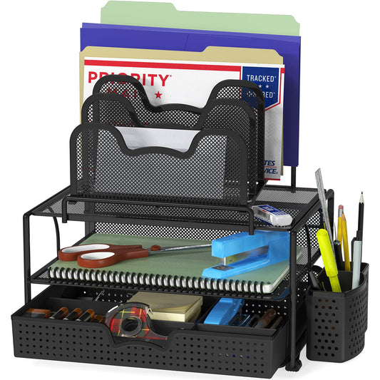 SimpleHouseware Mesh Desk Organizer with Sliding Drawer, Double Tray and 5 Stacking Sorter Sections, Black