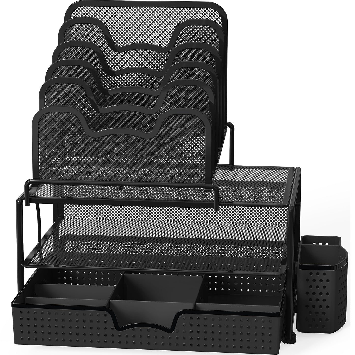 SimpleHouseware Mesh Desk Organizer with Sliding Drawer, Double Tray and 5 Stacking Sorter Sections, Black