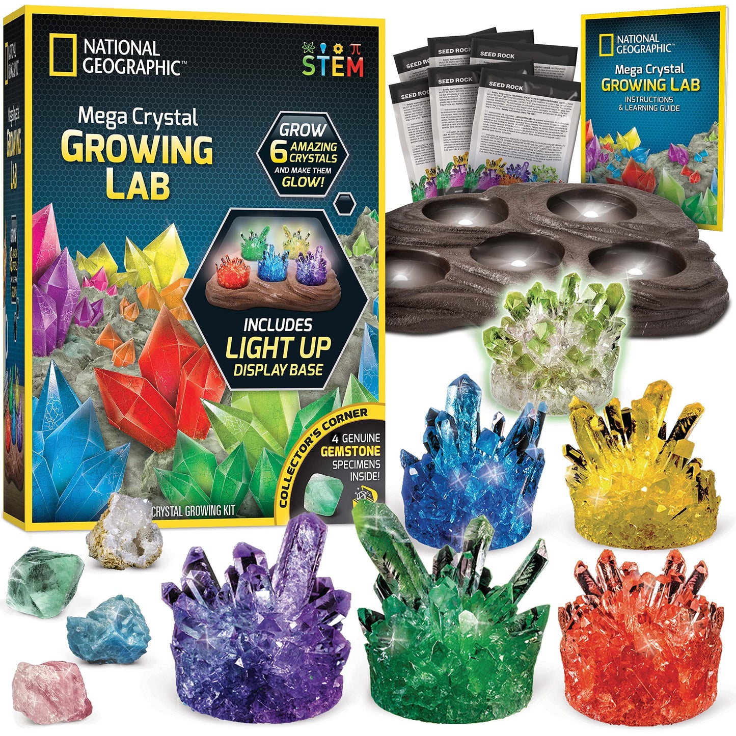 National Geographic Mega Crystal Growing Kit for Kids- Grow 6 Crystals with Light-Up Stand, Science Gifts for Kids 8-12, Crystal Making Experiment, Science Kit for Girls and Boys (Amazon Exclusive)