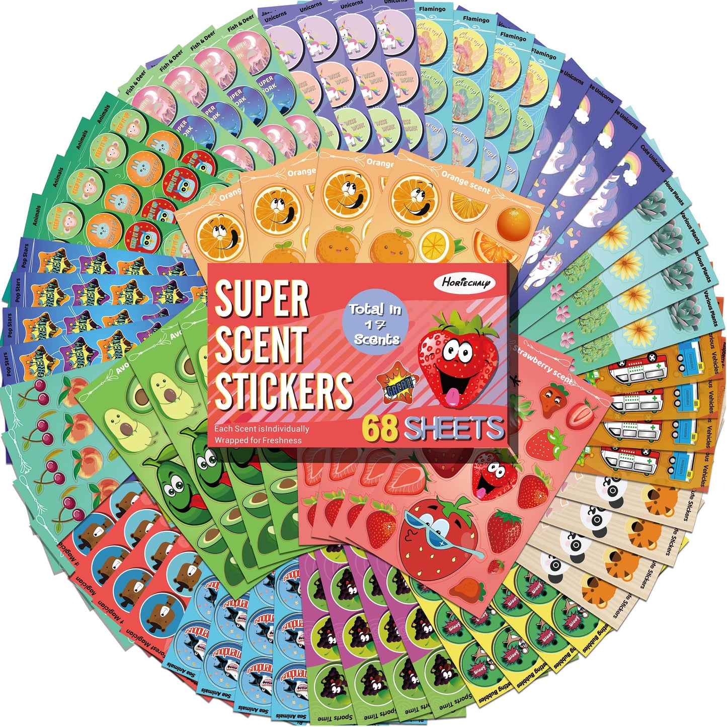 HORIECHALY Scratch and Sniff Stickers, 68 Sheets Scented Stickers,17 Different Scents Smelly Stickers for Kids &Teachers & Parents as Reward Stickers, Christmas Gift, Party Favor. Smelly Stickers.
